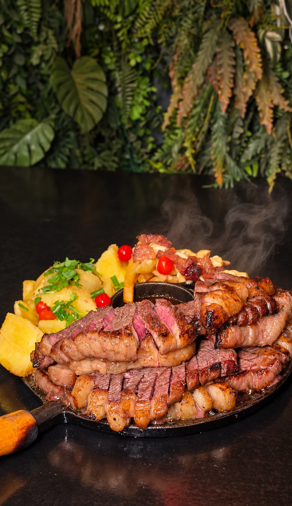 Picanha na chapa com fritas, queijo, bacon e mandioca